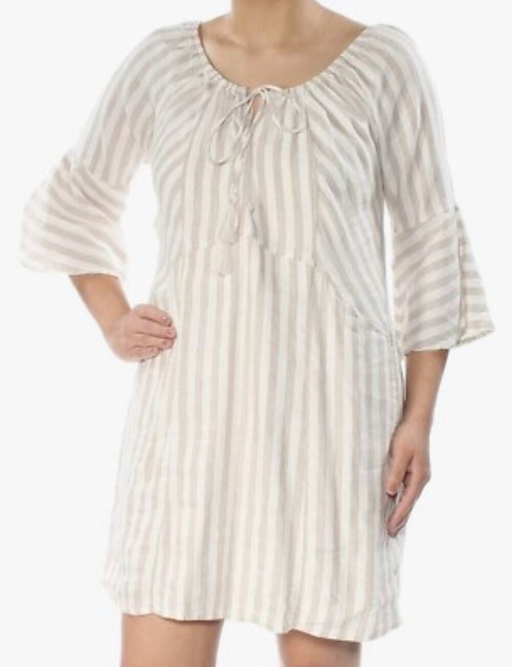 Free People Striped Linen Blend Ivory Beige Minidress Dress Small S Bell Sleeves